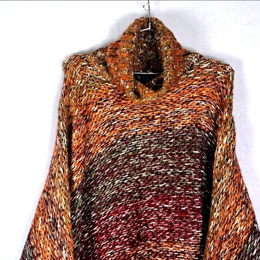 Lord & Taylor Design Lab Turtleneck Poncho Sweater M Wool Blend Orange Tones Med